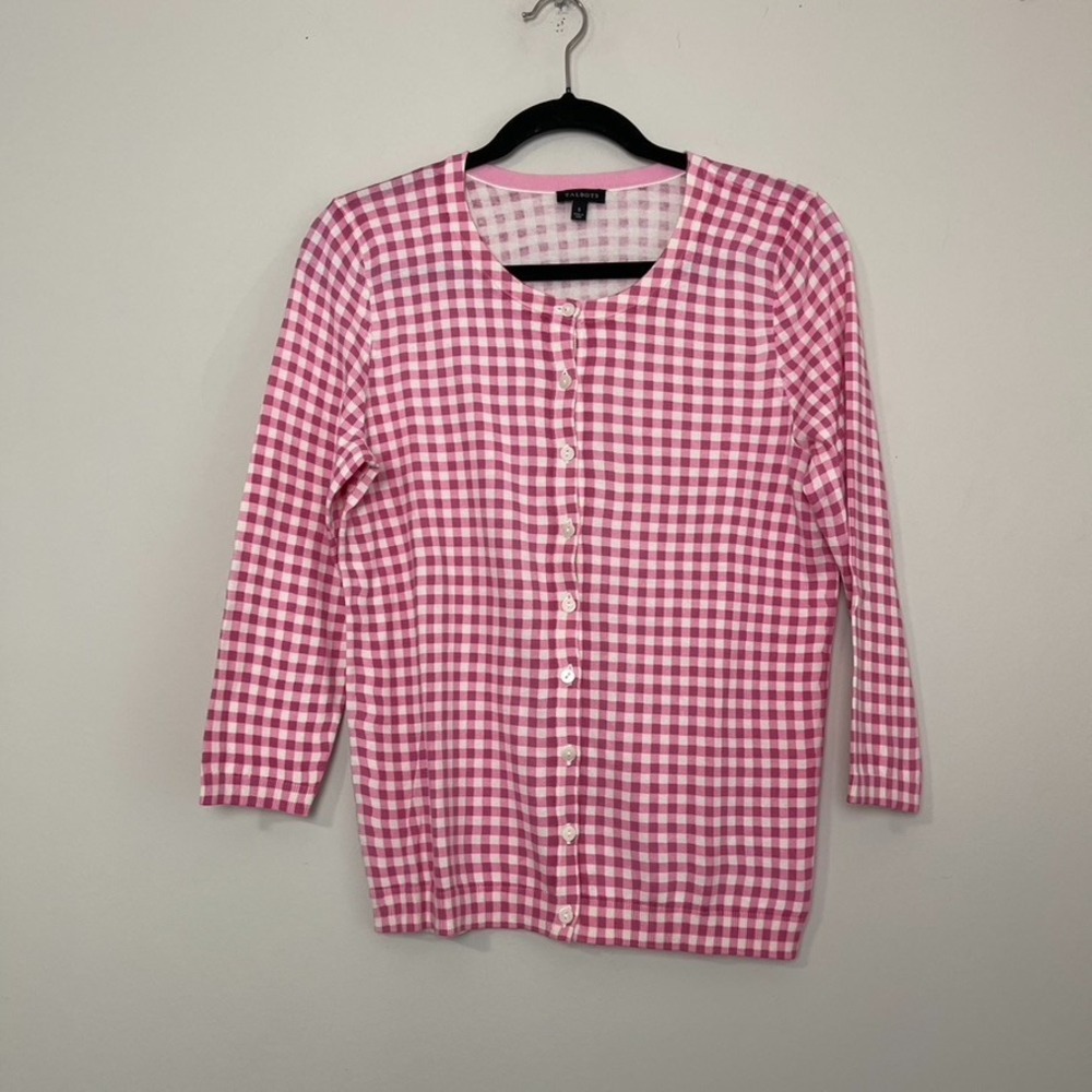 Talbots Pink Gingham Cardigan Sweater Preppy Coastal Grandmother Cottagecore